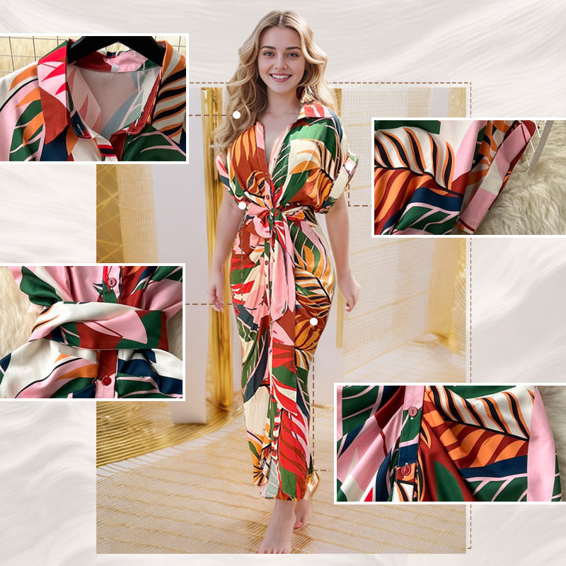 🔥Printed Waist Cinching Shirt Dress