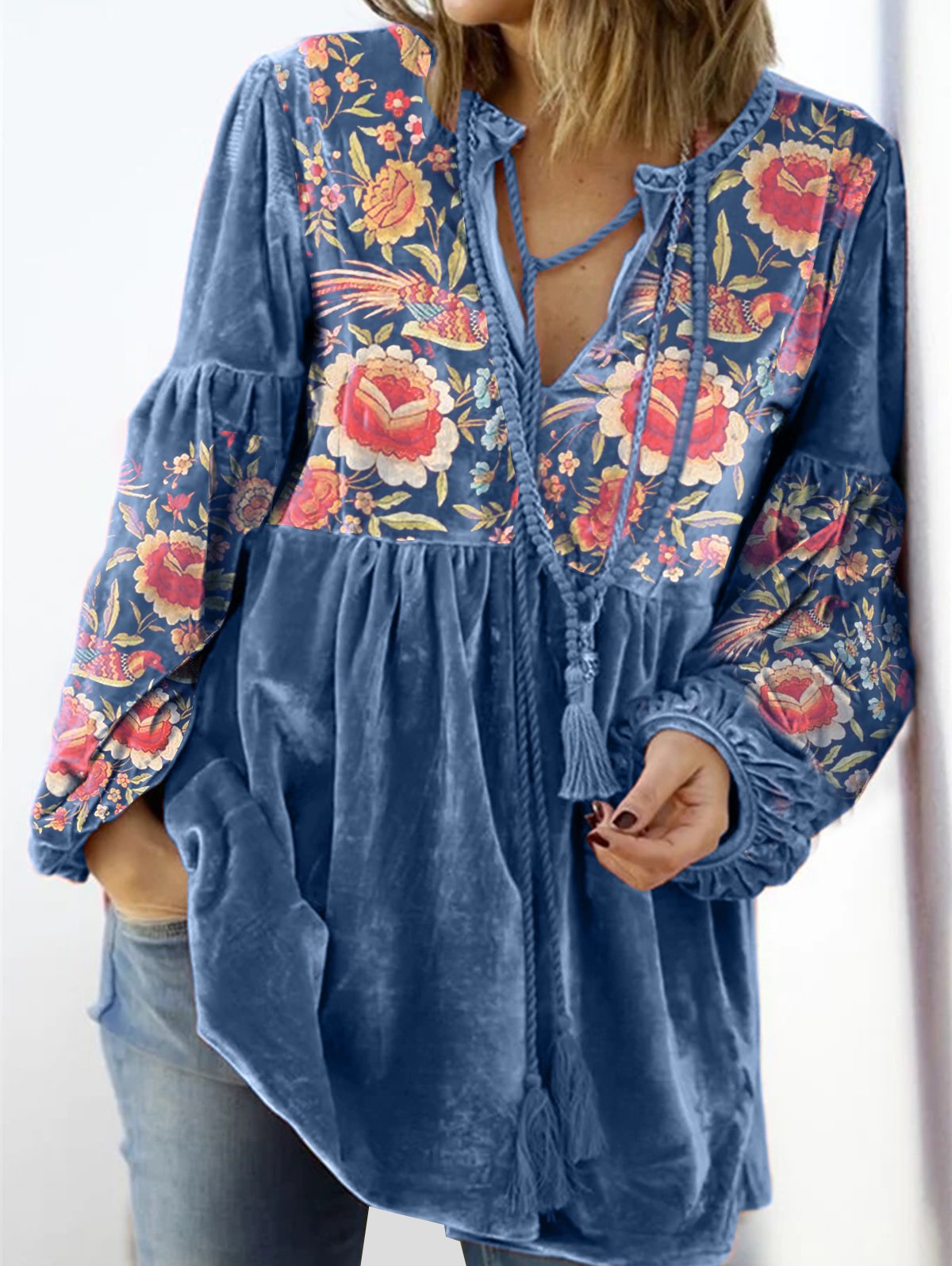 🎁Hot sale🔥V Neck Tie Front Gathered Floral Top