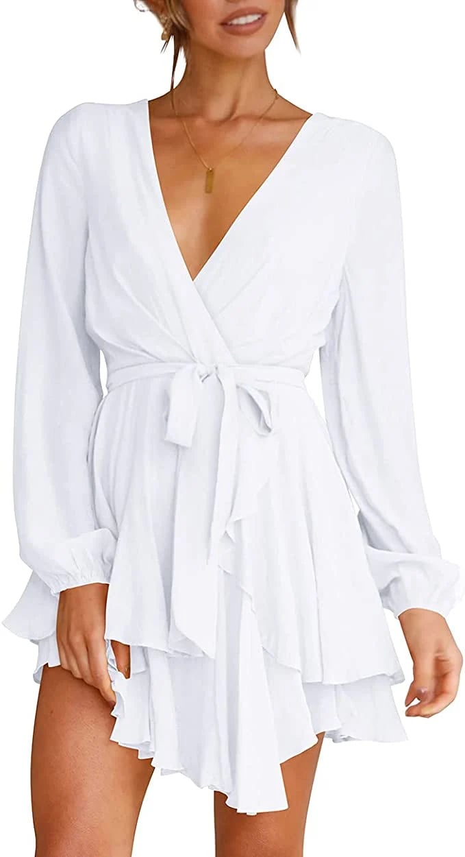 š„V-Neck Waist Tie Ruffle Mini Swing Skater Dressesā¤ļø