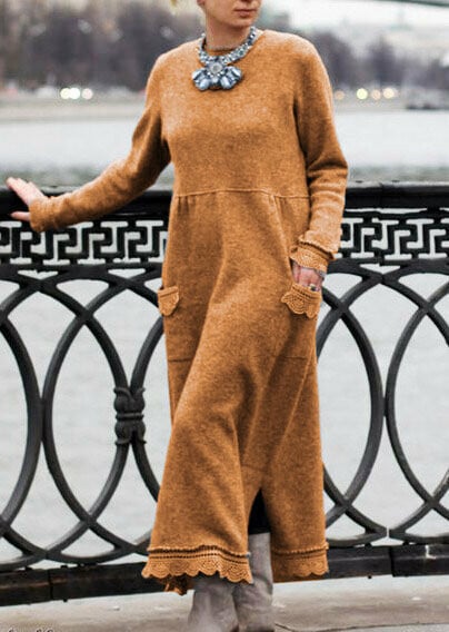 round neck pullover lace loose knitted long dress