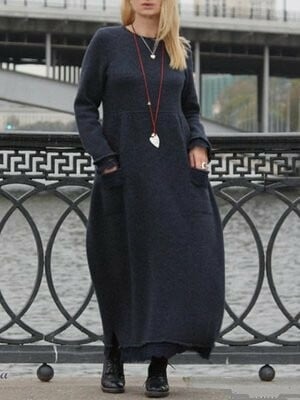round neck pullover lace loose knitted long dress