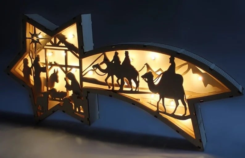🎅LED Wooden Ornaments Nativity Scene Star Shaped Desk Lamp🌟