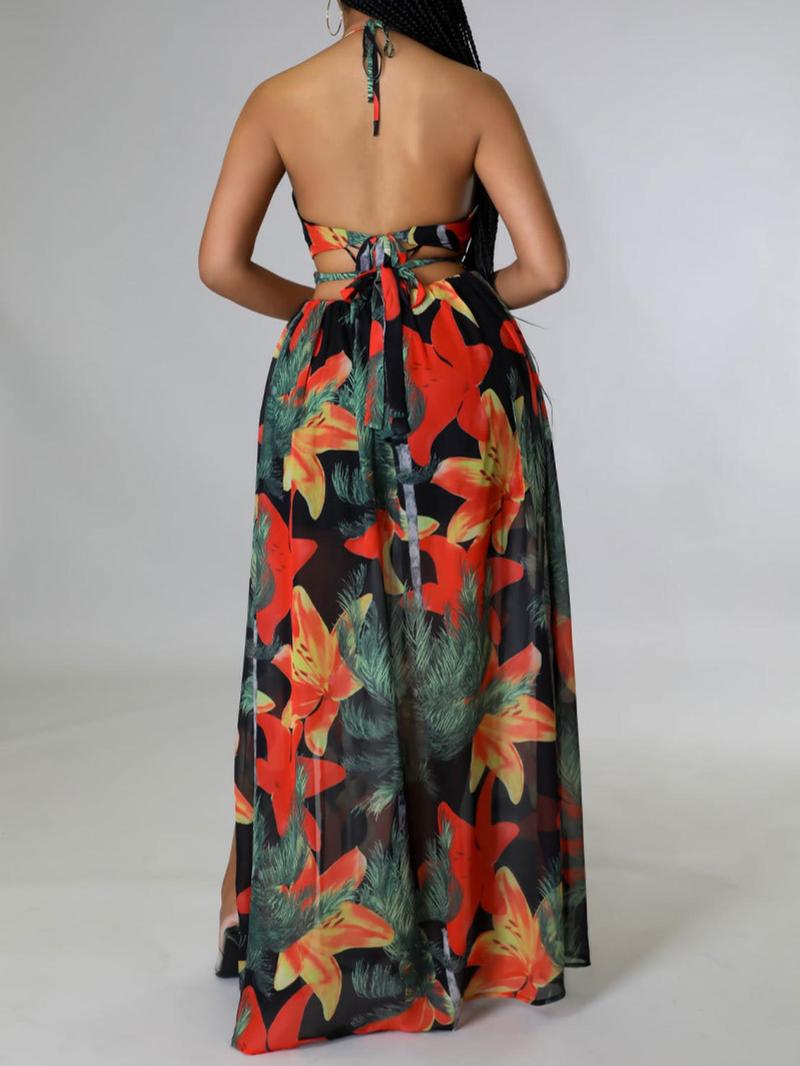 Women's Floral Print Chain Decor Split Thigh Tie Back Cami Dress