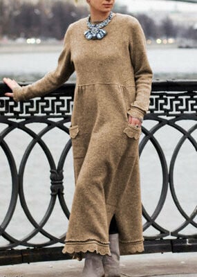 round neck pullover lace loose knitted long dress