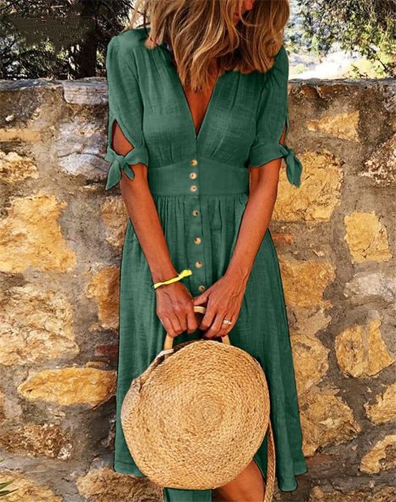 Women V-neck Solid Color Belted Single-breasted Dress
