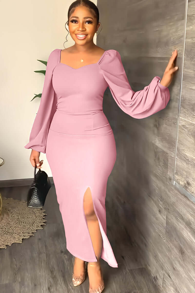Long Sleeve Square Neck Slit Maxi Dresses Lady's Wardrobe Essentials