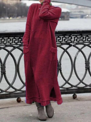 round neck pullover lace loose knitted long dress