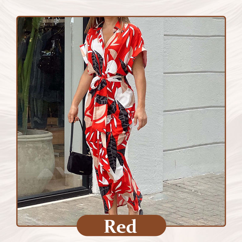 🔥Printed Waist Cinching Shirt Dress