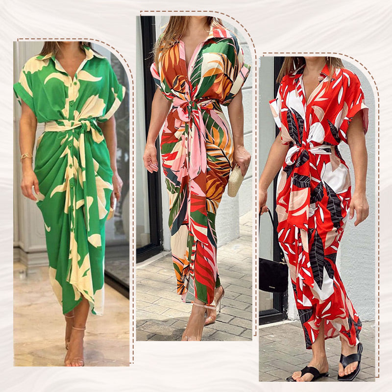 🔥Printed Waist Cinching Shirt Dress