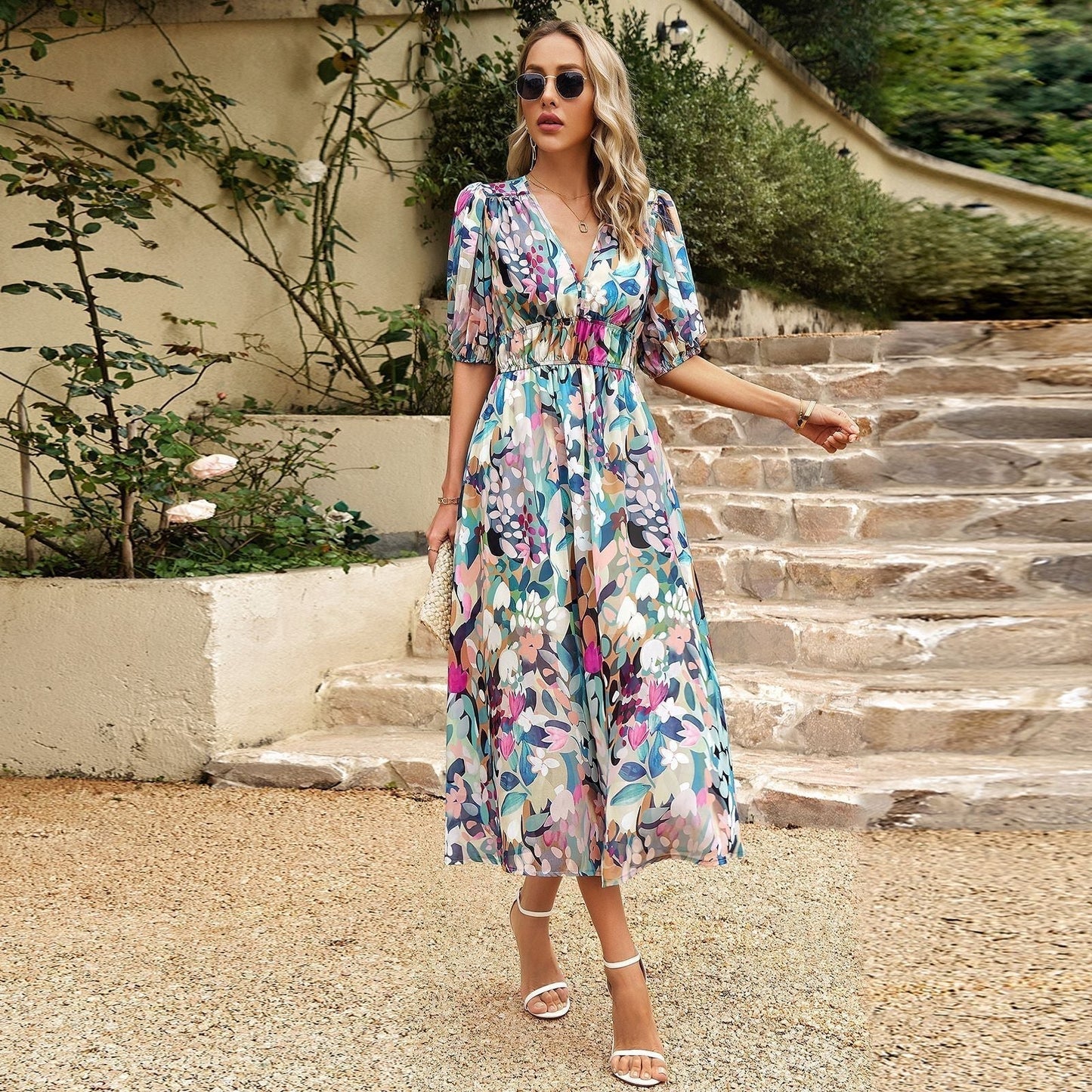 Elegant Waist V-neck Printed Dress💖