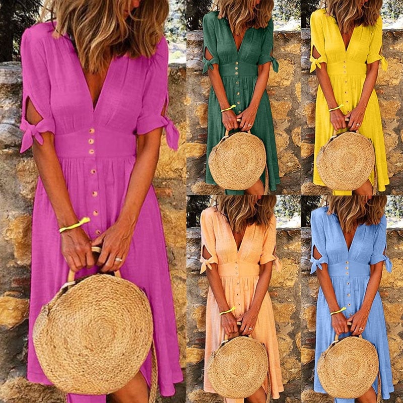 Women V-neck Solid Color Belted Single-breasted Dress