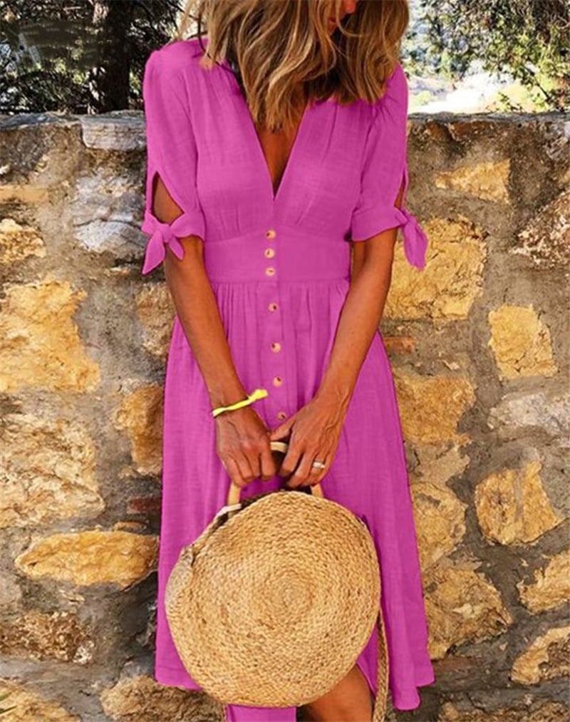 Women V-neck Solid Color Belted Single-breasted Dress
