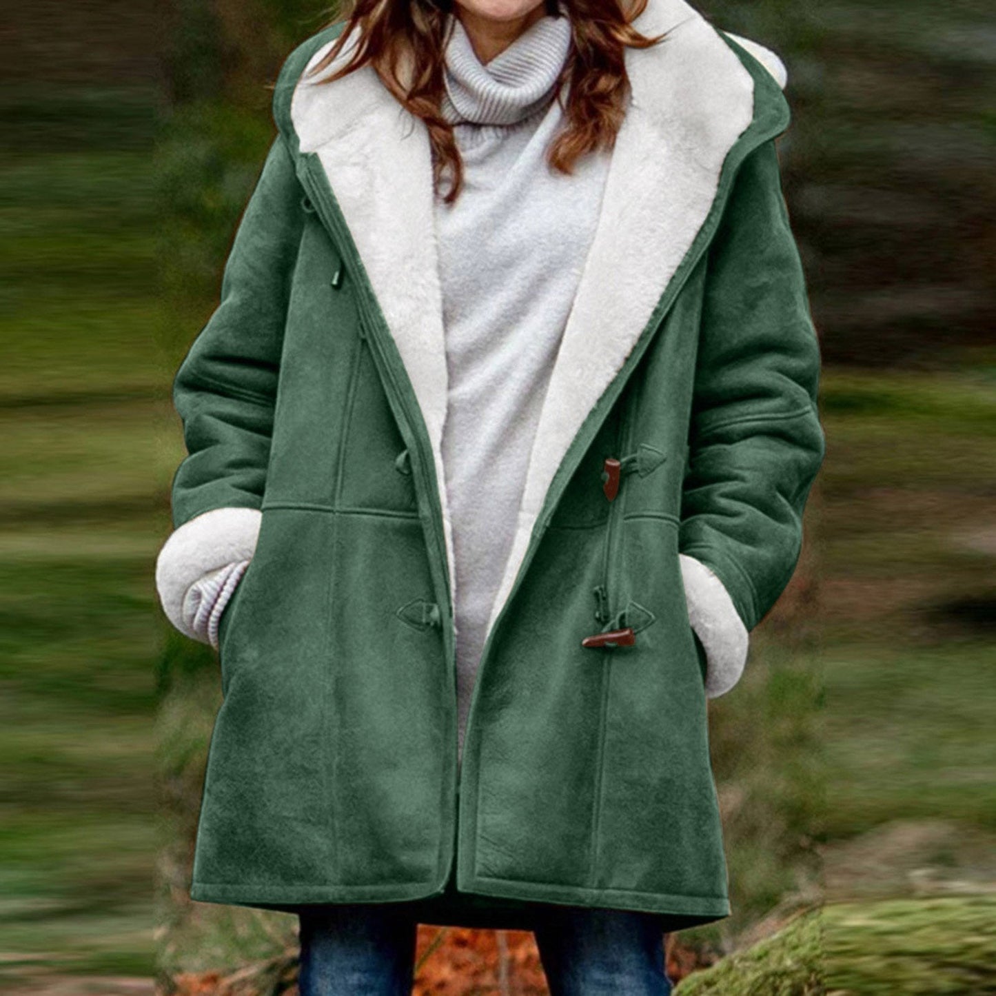 Women Hooded Velvet Horn Button Coat