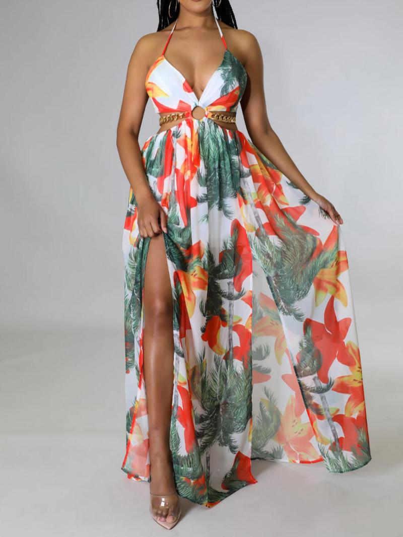 Women's Floral Print Chain Decor Split Thigh Tie Back Cami Dress