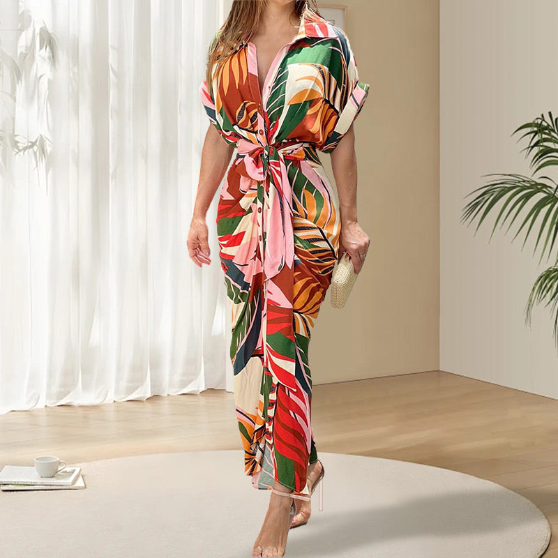 🔥Printed Waist Cinching Shirt Dress