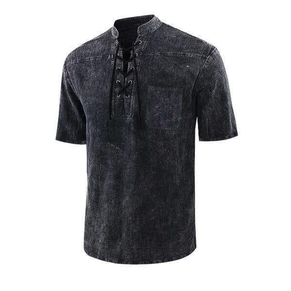 Men Gothic Retro T Shirt Lace-up V-neck Linen Pocket