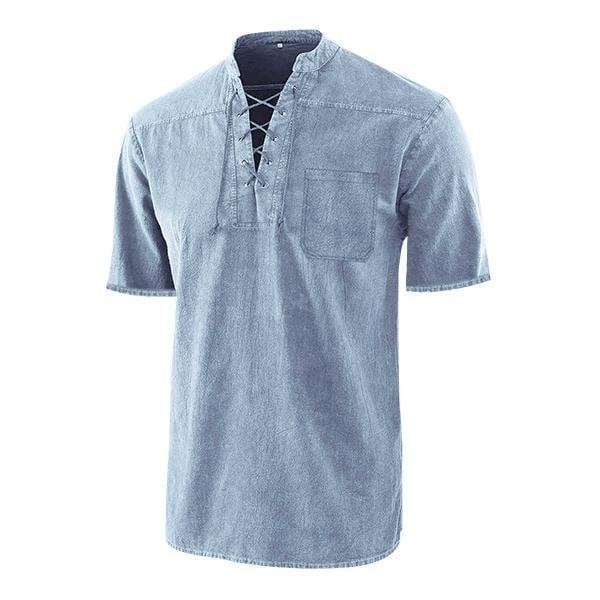Men Gothic Retro T Shirt Lace-up V-neck Linen Pocket