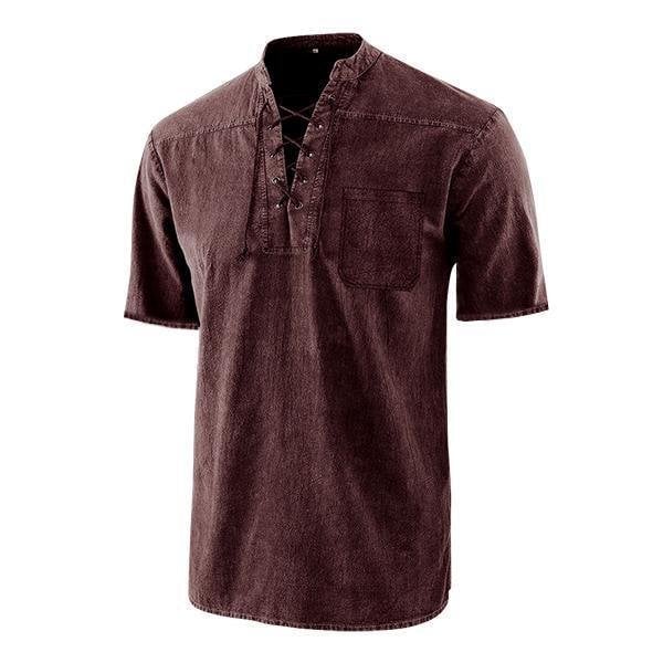 Men Gothic Retro T Shirt Lace-up V-neck Linen Pocket