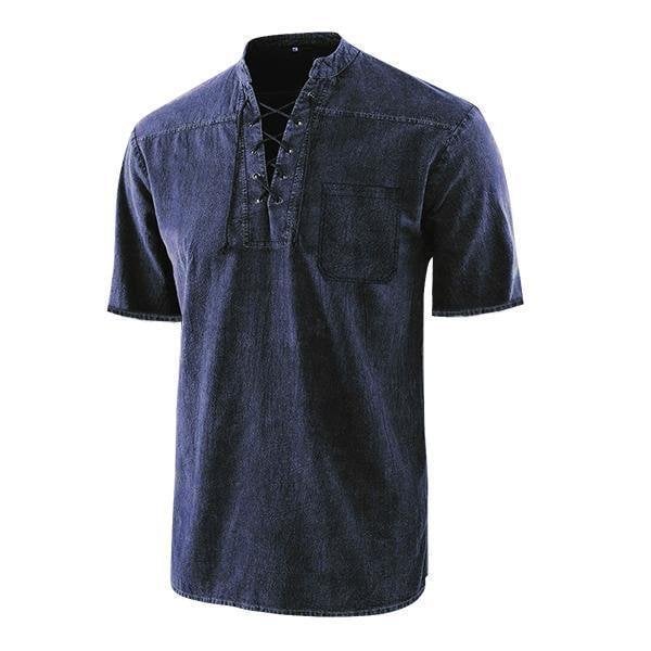 Men Gothic Retro T Shirt Lace-up V-neck Linen Pocket