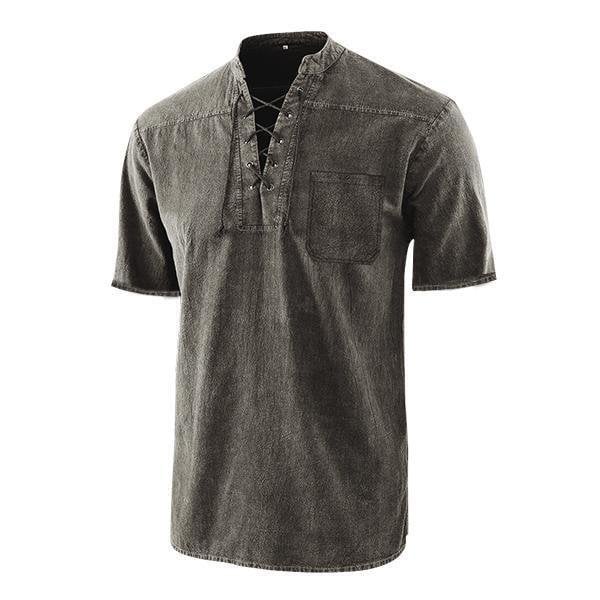 Men Gothic Retro T Shirt Lace-up V-neck Linen Pocket