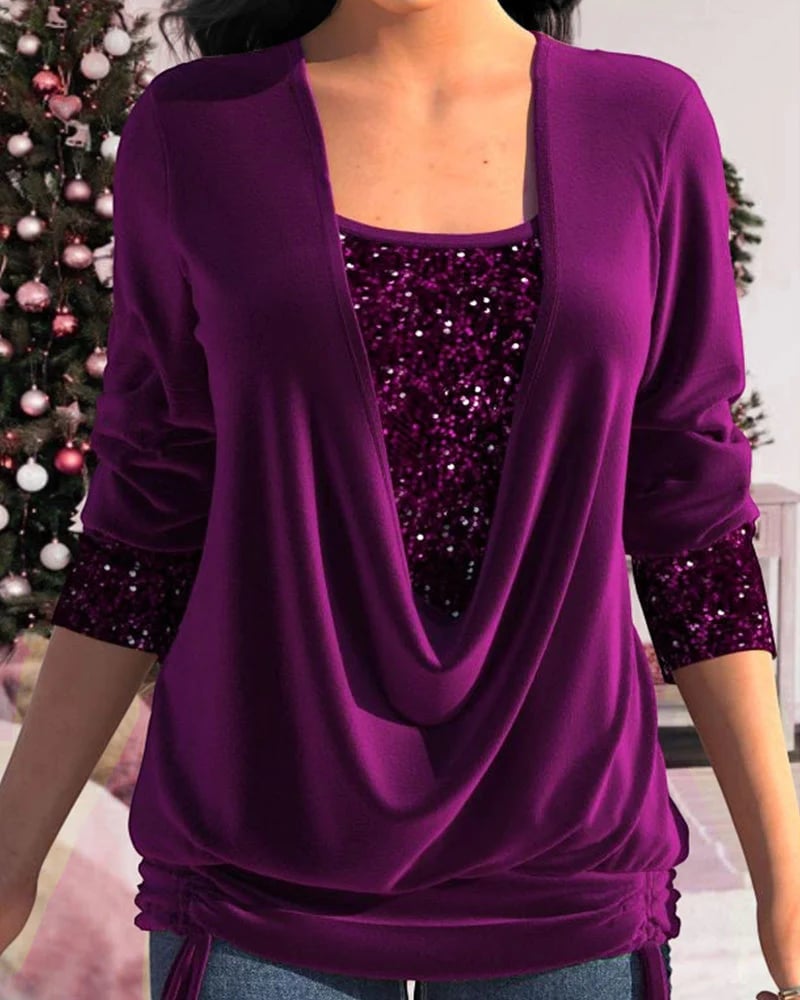 Sequin Loose Smocked Fake Two-Piece Top