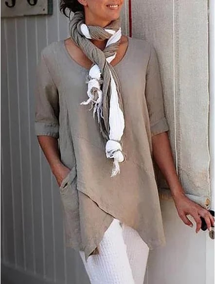 spring fashion solid color cotton linen pocket Tops