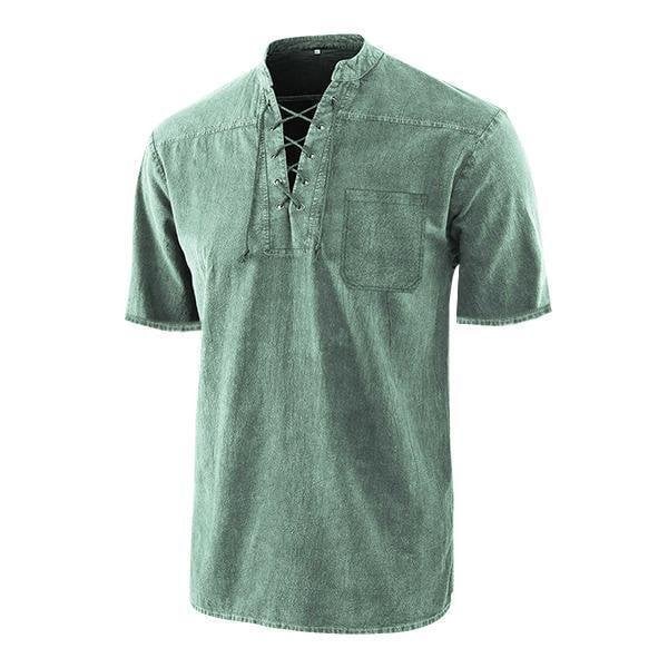 Men Gothic Retro T Shirt Lace-up V-neck Linen Pocket
